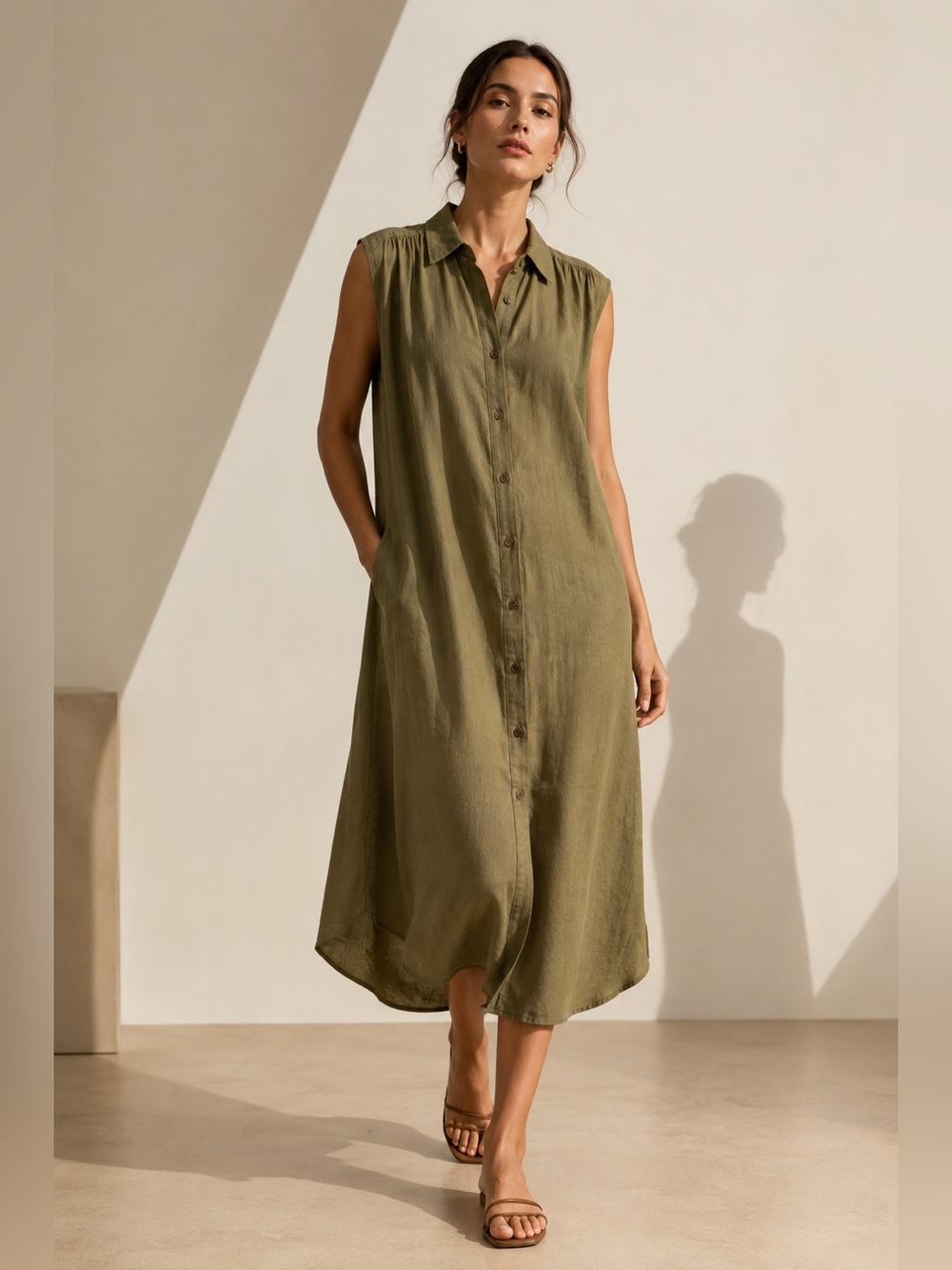 H&M Khaki Green Linen Blend Sleeveless Shirt Dress L